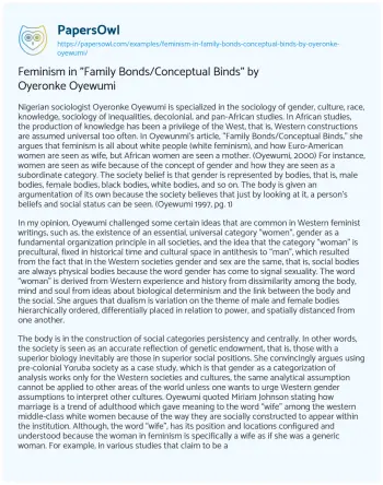 Essay on Feminism in “Family Bonds/Conceptual Binds” by Oyeronke Oyewumi