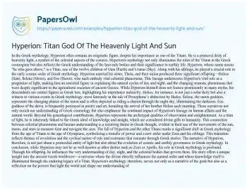 Essay on Hyperion: Titan God of the Heavenly Light and Sun