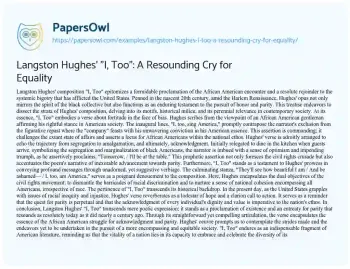 Essay on Langston Hughes’ “I, Too”: a Resounding Cry for Equality