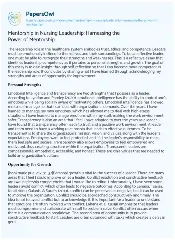 Essay on Mentorship in Nursing Leadership: Harnessing the Power of Mentorship