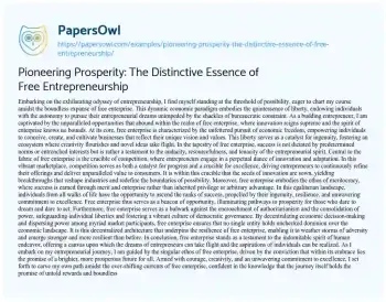 Essay on Pioneering Prosperity: the Distinctive Essence of Free Entrepreneurship