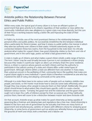 Essay on Aristotle Politics: the Relationship between Personal Ethics and Public Politics