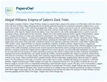 Essay on Abigail Williams: Enigma of Salem’s Dark Trials