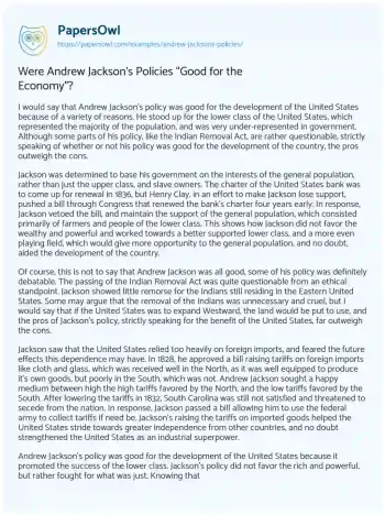 Essay on Were Andrew Jackson’s Policies “Good for the Economy”?