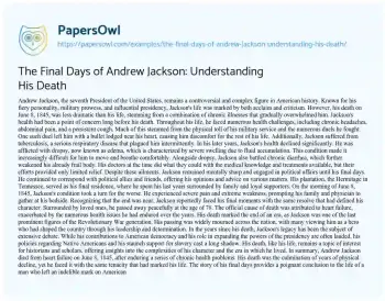 Essay on The Final Days of Andrew Jackson: Understanding his Death