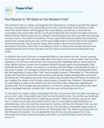 Essay on Paul Baumer in “All Quiet on the Western Front”