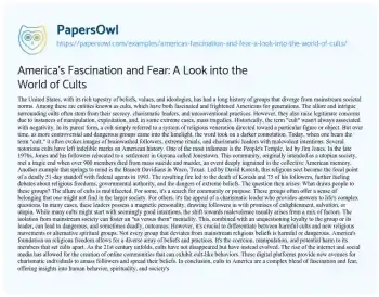 Essay on America’s Fascination and Fear: a Look into the World of Cults