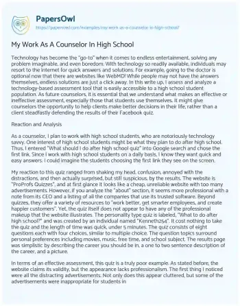 Essay on My Work as a Counselor in High School