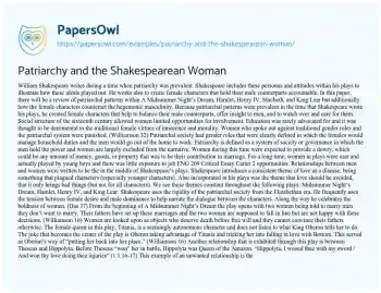 Essay on Patriarchy and the Shakespearean Woman