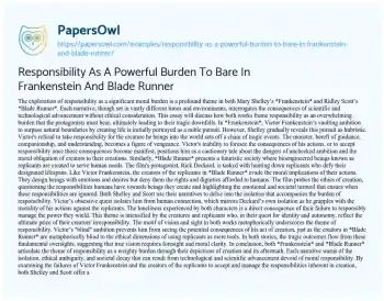 Essay on Responsibility as a Powerful Burden to Bare in Frankenstein and Blade Runner