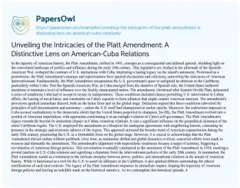 Essay on Unveiling the Intricacies of the Platt Amendment: a Distinctive Lens on American-Cuba Relations