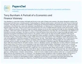 Essay on Terry Burnham: a Portrait of a Economics and Finance Visionary