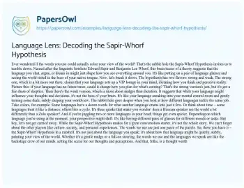 Essay on Language Lens: Decoding the Sapir-Whorf Hypothesis