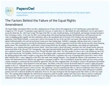 Essay on The Factors Behind the Failure of the Equal Rights Amendment