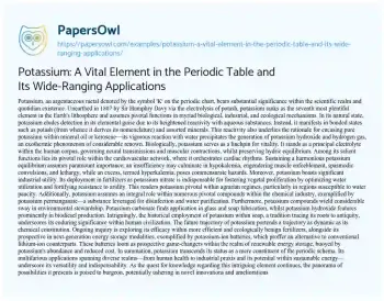 Essay on Potassium: a Vital Element in the Periodic Table and its Wide-Ranging Applications