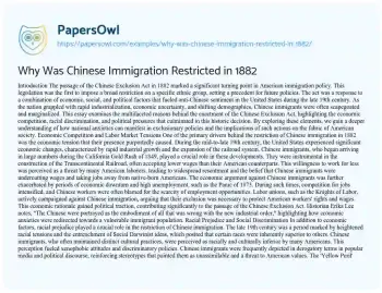 Essay on Why was Chinese Immigration Restricted in 1882