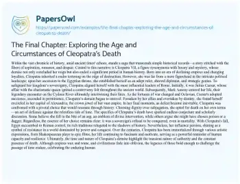 Essay on The Final Chapter: Exploring the Age and Circumstances of Cleopatra’s Death