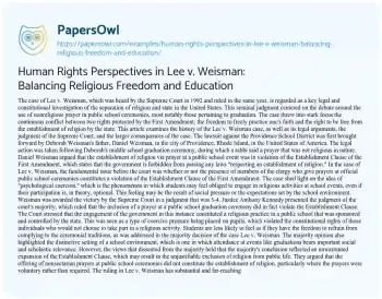 Essay on Human Rights Perspectives in Lee V. Weisman: Balancing Religious Freedom and Education