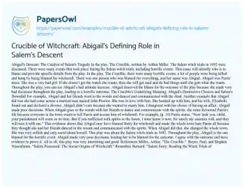 Essay on Crucible of Witchcraft: Abigail’s Defining Role in Salem’s Descent