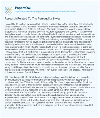 Essay on Research Related to the Personality Styles