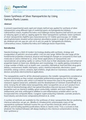 Essay on Green Synthesis of Silver Nanoparticles by Using Various Plants Leaves