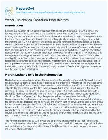 Essay on Weber, Exploitation, Capitalism, Protestantism