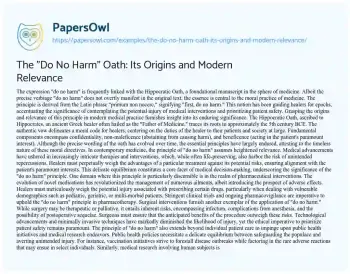 Essay on The “Do no Harm” Oath: its Origins and Modern Relevance