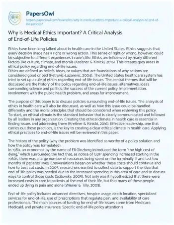 Essay on Why is Medical Ethics Important? a Critical Analysis of End-of-Life Policies