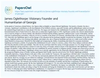 Essay on James Oglethorpe: Visionary Founder and Humanitarian of Georgia