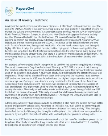 Essay on An Issue of Anxiety Treatment