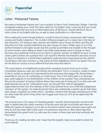 Essay on Letter : Mohamad Yassine