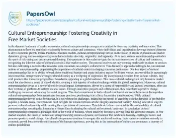 Essay on Cultural Entrepreneurship: Fostering Creativity in Free Market Societies