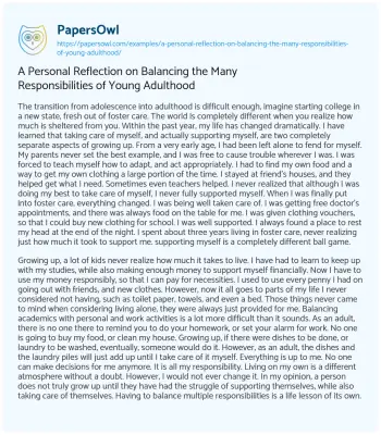 Essay on A Personal Reflection on Balancing the Many Responsibilities of Young Adulthood