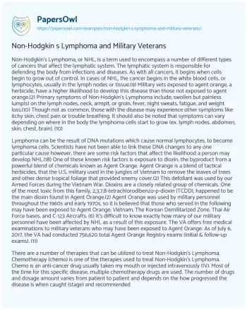 Essay on Non-Hodgkin S Lymphoma and Military Veterans