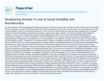 Essay on Deciphering Anomie: a Look at Social Instability and Normlessness