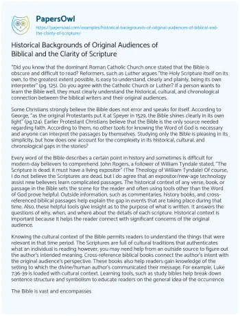 Essay on Historical Backgrounds of Original Audiences of Biblical and the Clarity of Scripture