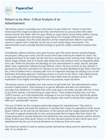 Essay on Reborn to be Alive : Critical Analysis of an Advertisement