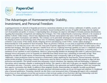 Essay on The Advantages of Homeownership: Stability, Investment, and Personal Freedom