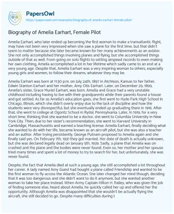 Essay on Biography of Amelia Earhart, Female Pilot