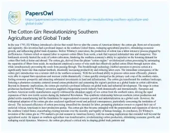 Essay on The Cotton Gin: Revolutionizing Southern Agriculture and Global Trade