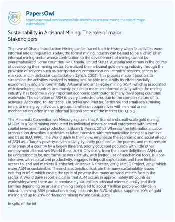 Essay on Sustainability in Artisanal Mining: the Role of Major Stakeholders