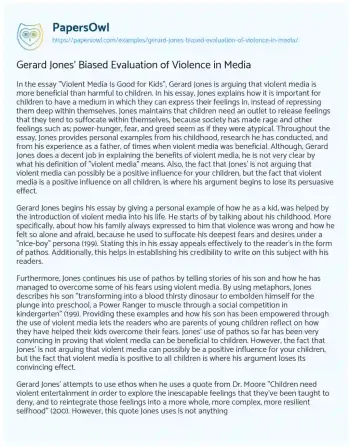 Essay on Gerard Jones’ Biased Evaluation of Violence in Media