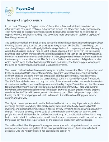 Essay on The Age of Cryptocurrency