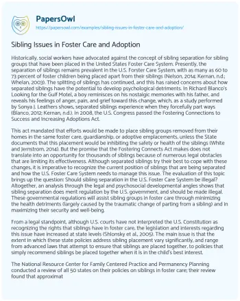 Essay on Sibling Issues in Foster Care and Adoption