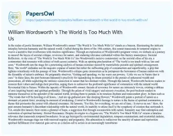 Essay on William Wordsworth ‘s the World is too Much with Us