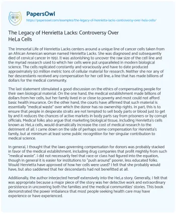 Essay on The Legacy of Henrietta Lacks: Controversy over HeLa Cells