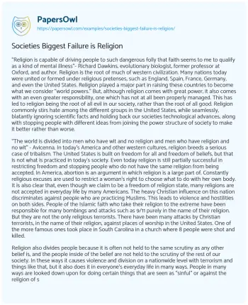 Essay on Societies Biggest Failure is Religion