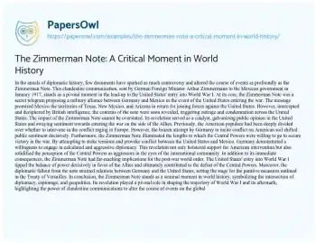 Essay on The Zimmerman Note: a Critical Moment in World History