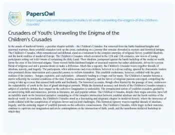 Essay on Crusaders of Youth: Unraveling the Enigma of the Children’s Crusades