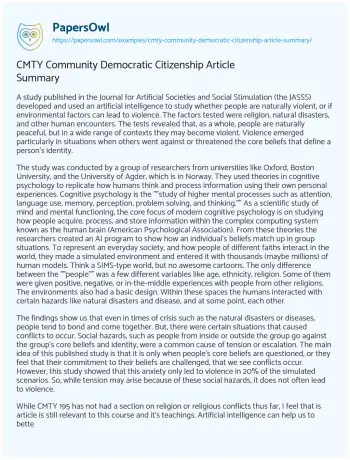 Essay on CMTY Community Democratic Citizenship Article Summary